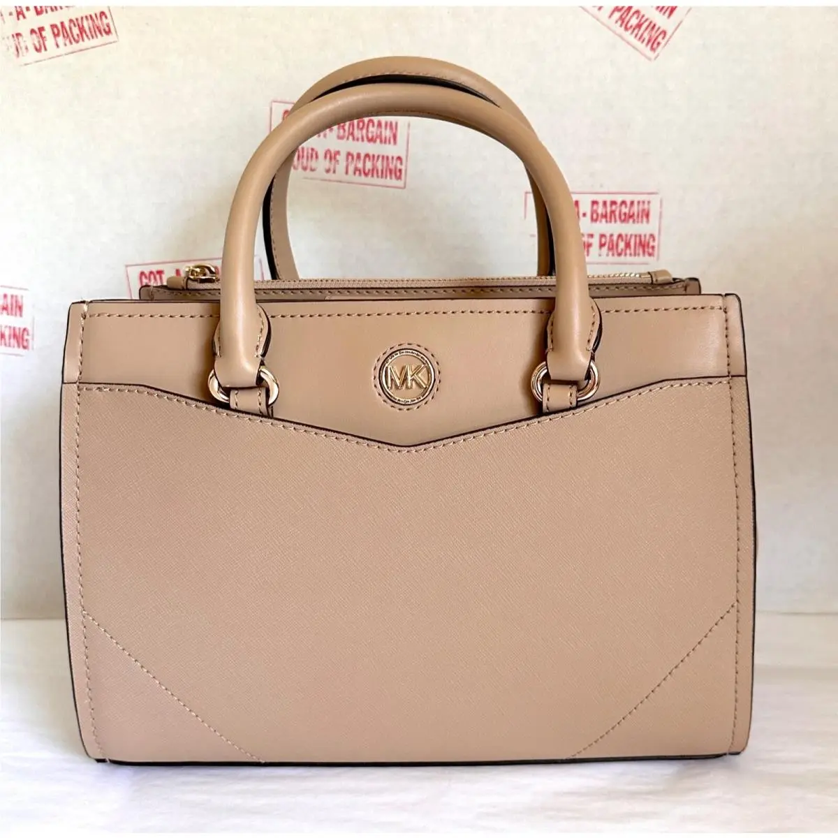 Michael Kors Everly Medium Beige Camel Saffiano Leather Satchel Crossbody Bag