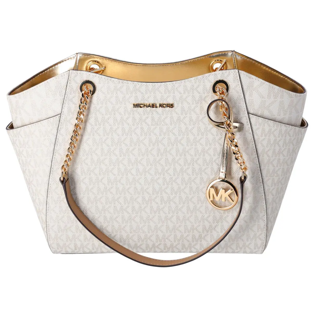 Michael Kors Jet Set Travel Large Chain Shoulder Tote Pale Gold MK Signature - Handle/Strap: Gold, Hardware: Gold, Exterior: Pale Gold