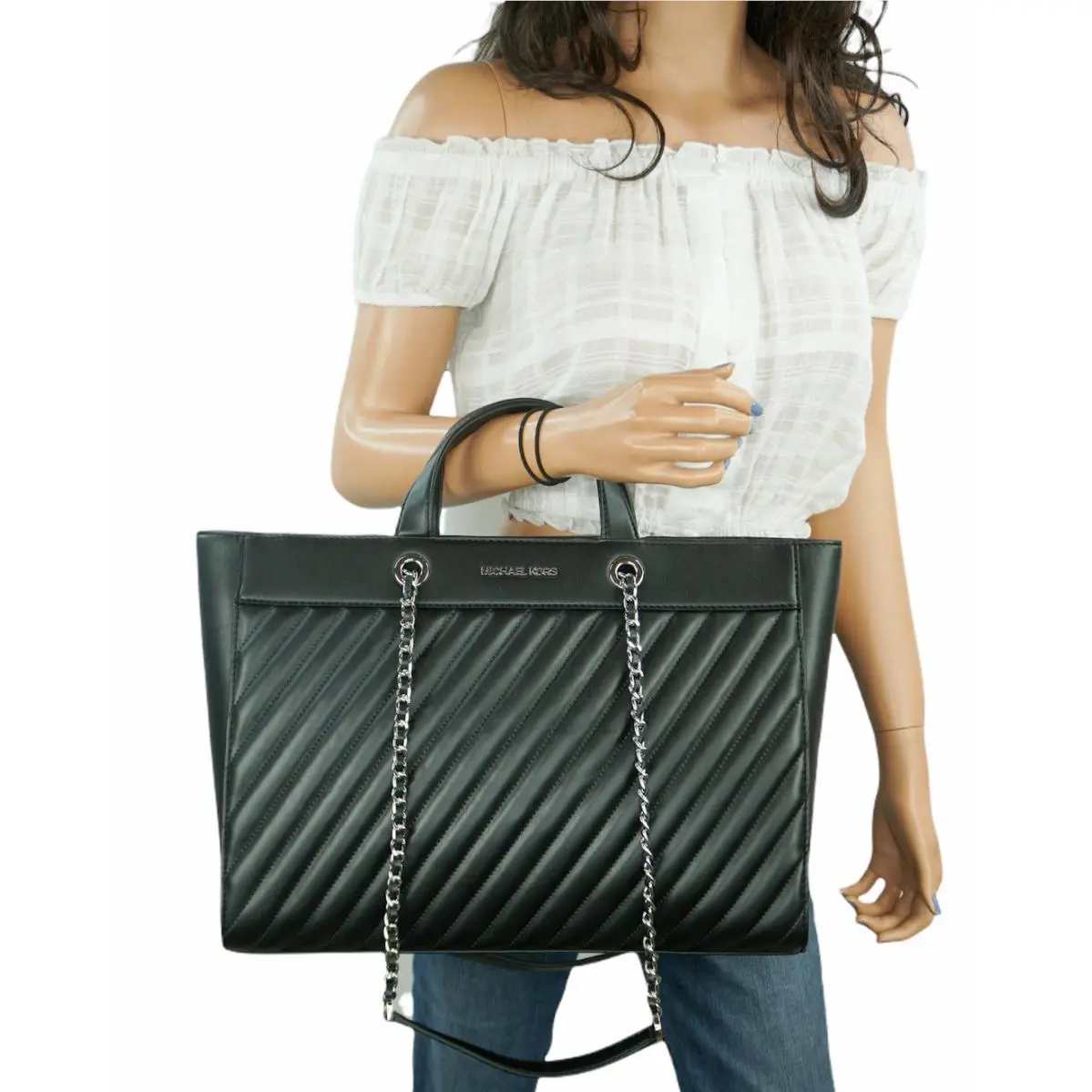 Rose Large East West Vegan Leather Shoulder Tote Bag Black by Michael Kors