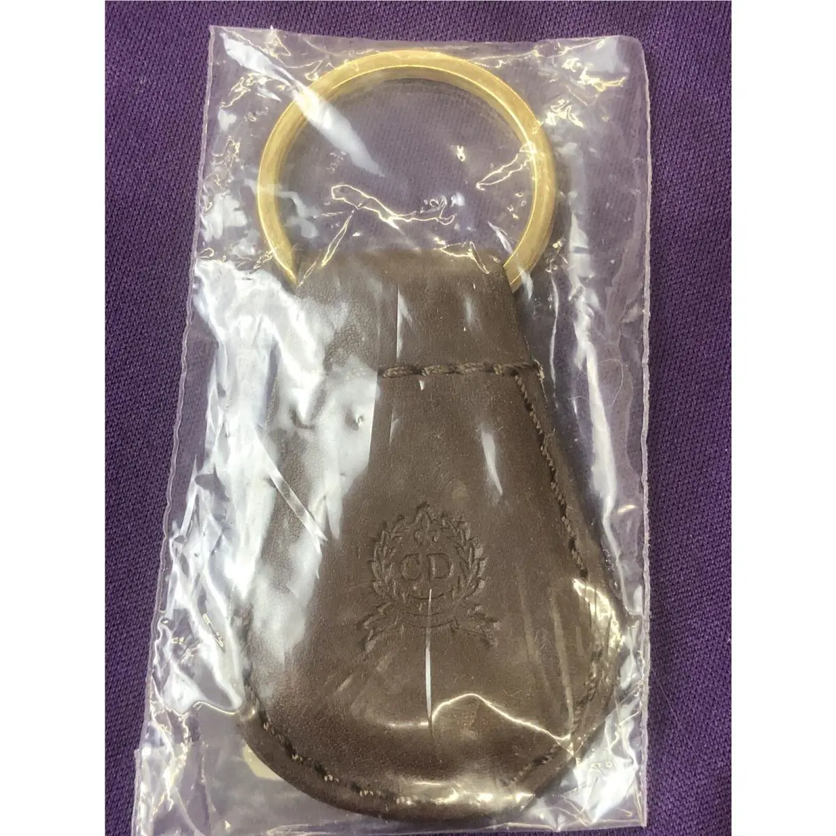 Nos Vintage Christian Dior Key Ring Brown Leather Gold Ring
