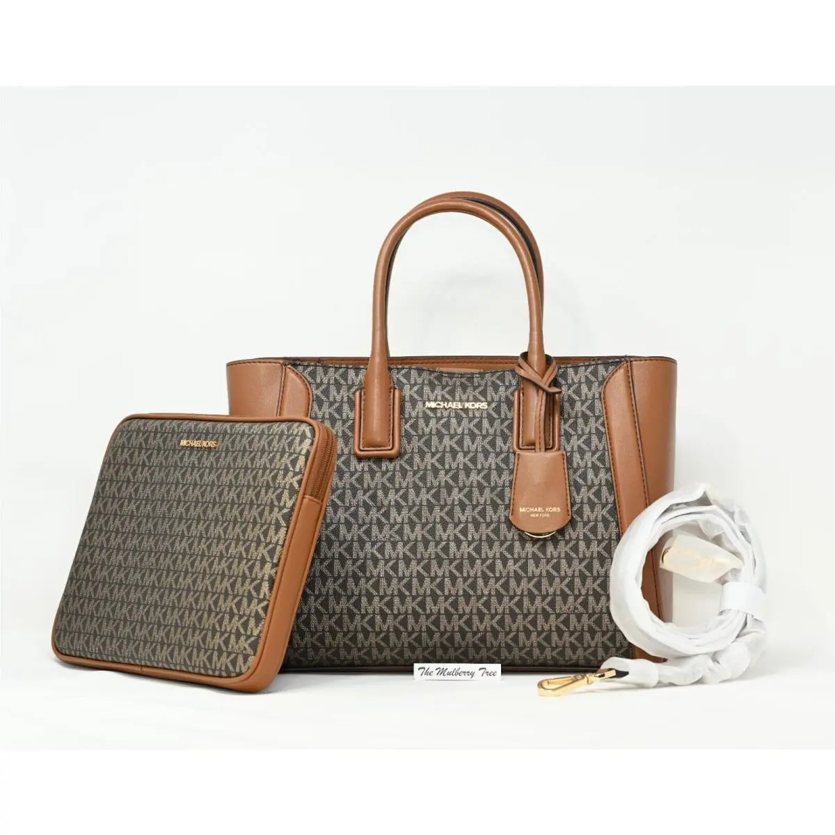 Michael Kors Kali Medium Satchel with Ipad Case Brown Gold Signature Canvas Bag