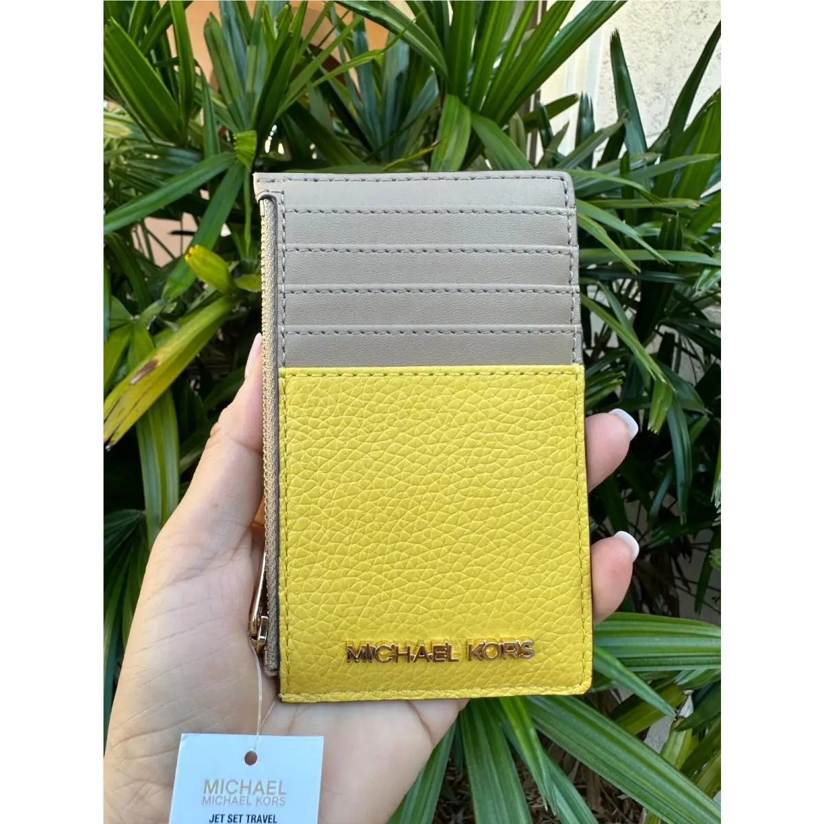 Michael Kors Jet Set Travel Top Zip Card Case Leather Wallet Daffodil Multi