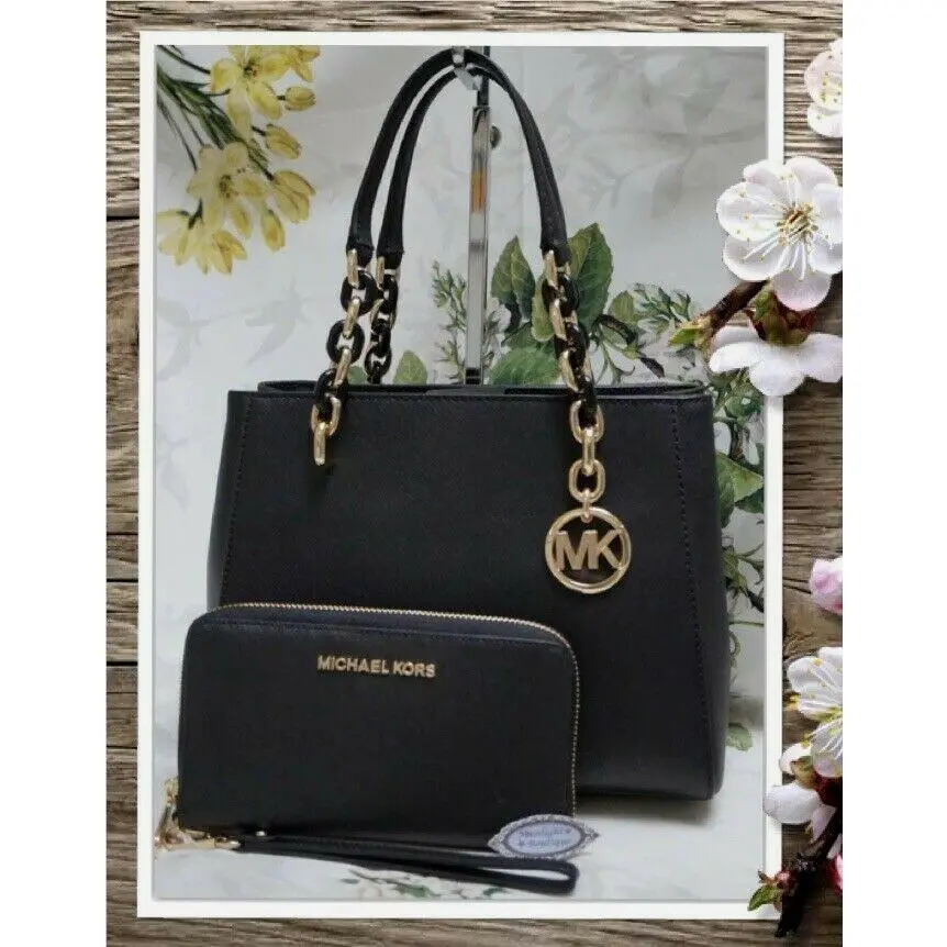 Michael Kors Sofia Medium Tote Crossbody Bag Handbag Black Leather Gold