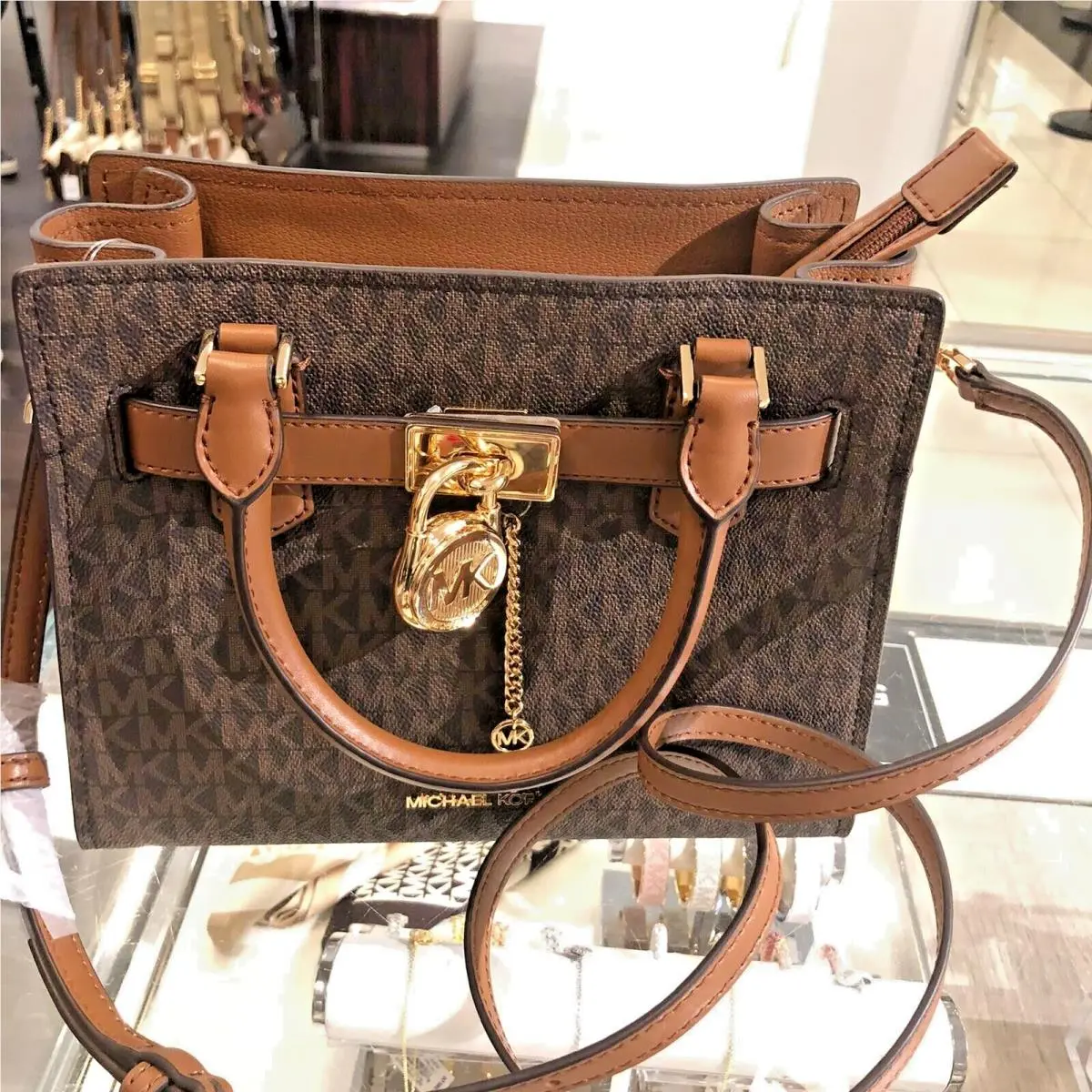 Michael Kors Hamilton Satchel Small Crossbody Messenger Leather Bag Brown Purse
