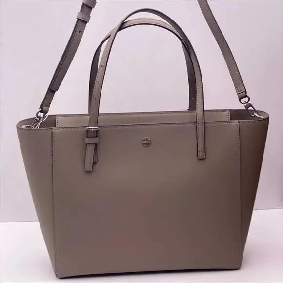 Emerson Small Top Zip Leather Tote Shoulder Bag Gray by Tory Burch
