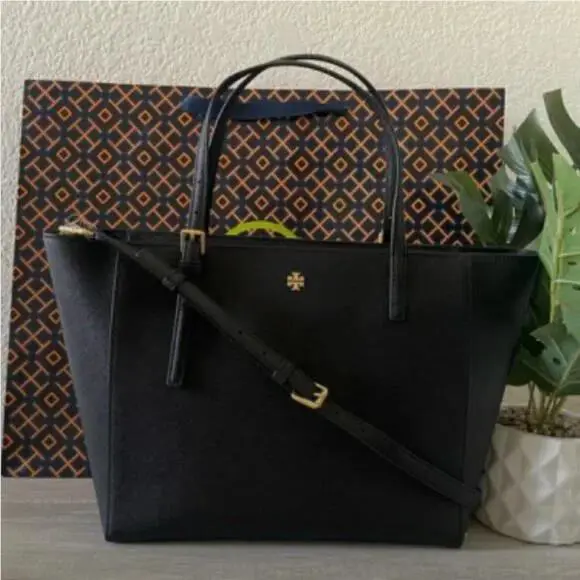 Emerson Small Top Zip Leather Tote Shoulder Bag Black by Tory Burch