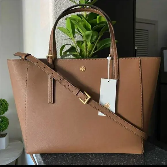Emerson Small Top Zip Leather Tote Shoulder Bag Moose by Tory Burch