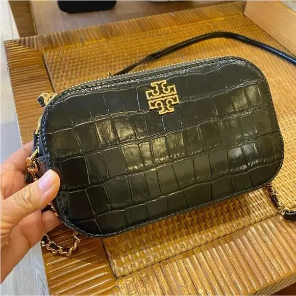 Women`s Britten Pebble Leather Crossbody Camera Bag Black Croc by Tory Burch