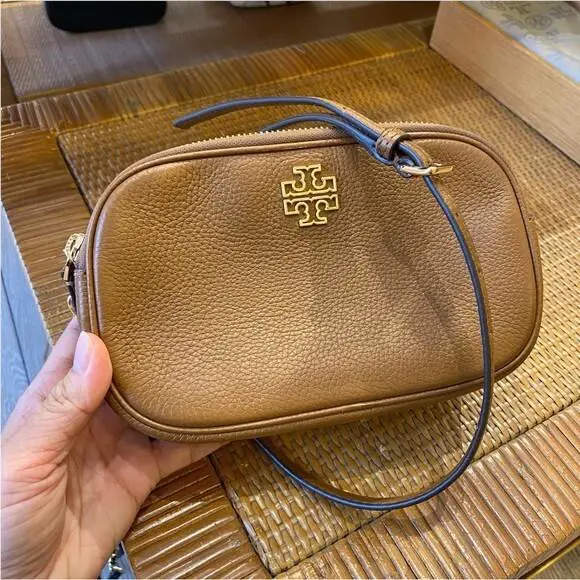 Women`s Britten Pebble Leather Crossbody Camera Bag Moose by Tory Burch