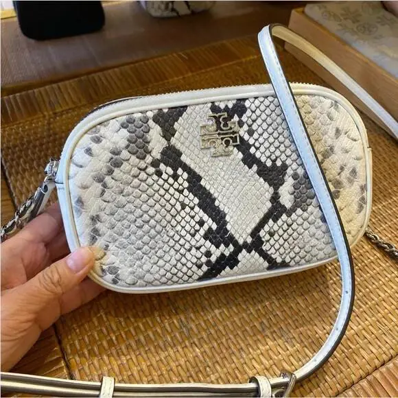 Women`s Britten Pebble Leather Crossbody Camera Bag White/Black by Tory Burch