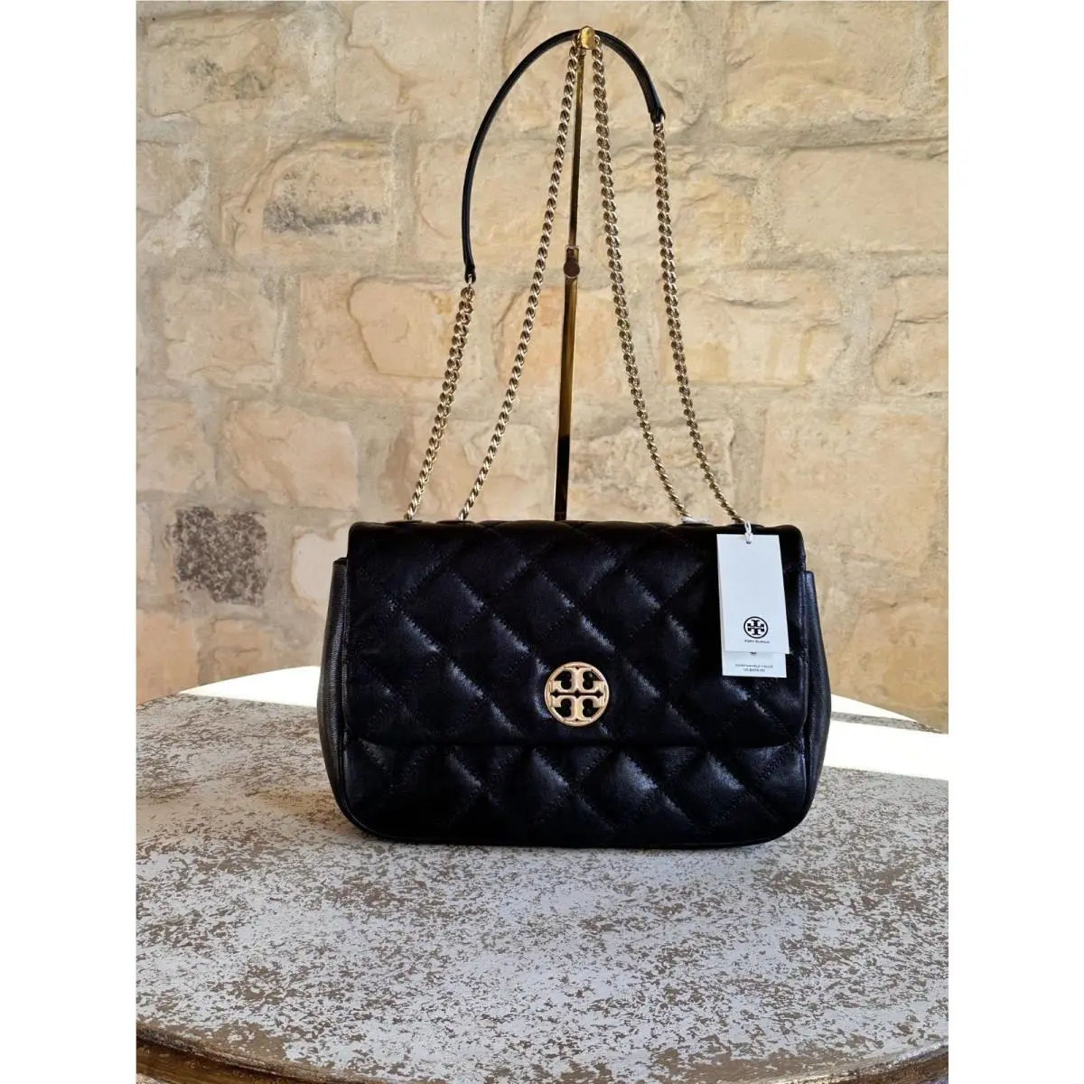 Large Willa Shoulder Bag Quilted Leather Chain Handbag Black by Tory Burch