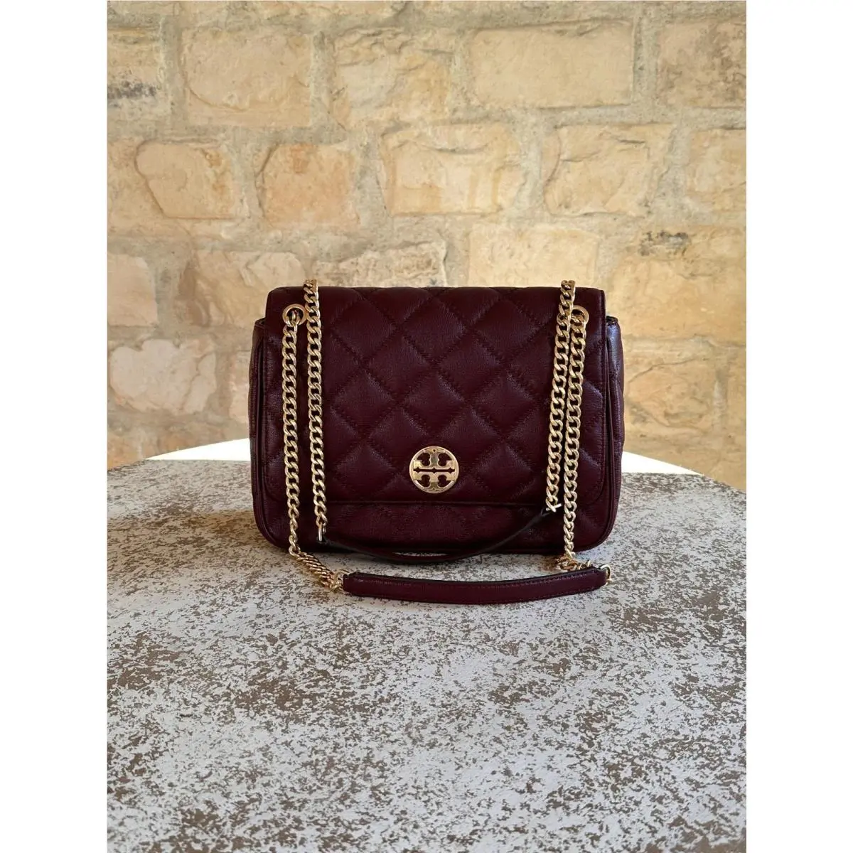 Large Willa Shoulder Bag Quilted Leather Chain Handbag Claret by Tory Burch