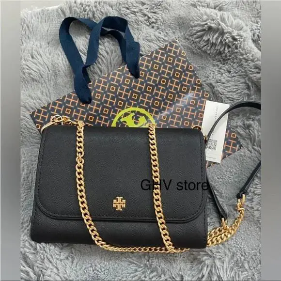 Emerson Saffiano Leather Crossbody Chain Wallet Handbag Black by Tory Burch