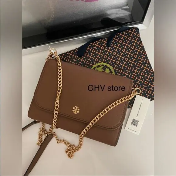 Emerson Saffiano Leather Crossbody Chain Wallet Handbag Tan by Tory Burch