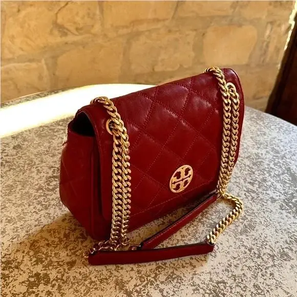 Willa Quilted Leather Chain Small Shoulder Bag Claret Redstone Snow Redsstone by Tory Burch