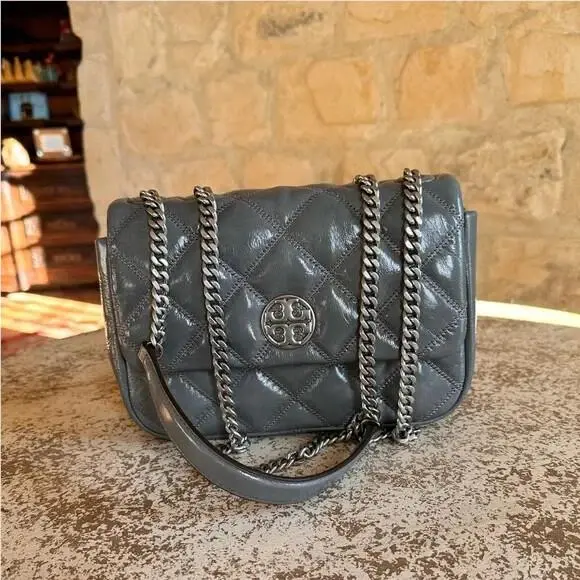 Willa Quilted Leather Chain Small Shoulder Bag Claret Redstone Snow Snow Cloud silver by Tory Burch