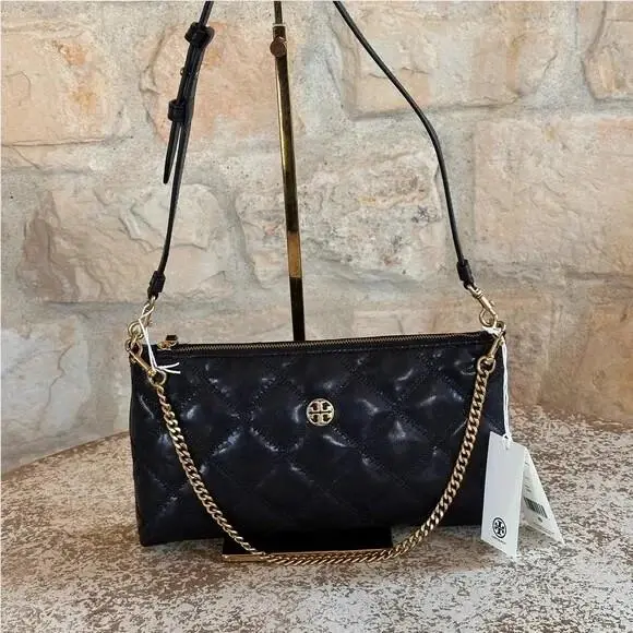 Willa Zip Shoulder Quilted Handbag Leather Black/ Soft Pink Pink by Tory Burch