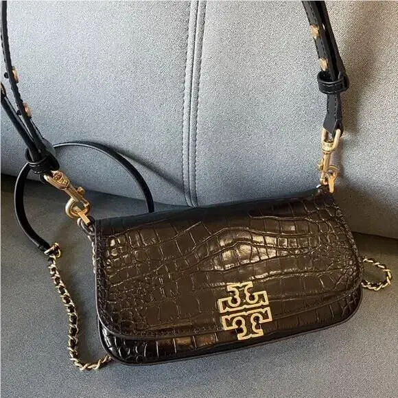 Britten Gold Hardware Women`s Convertible Crossbody Handbag Black Croc by Tory Burch