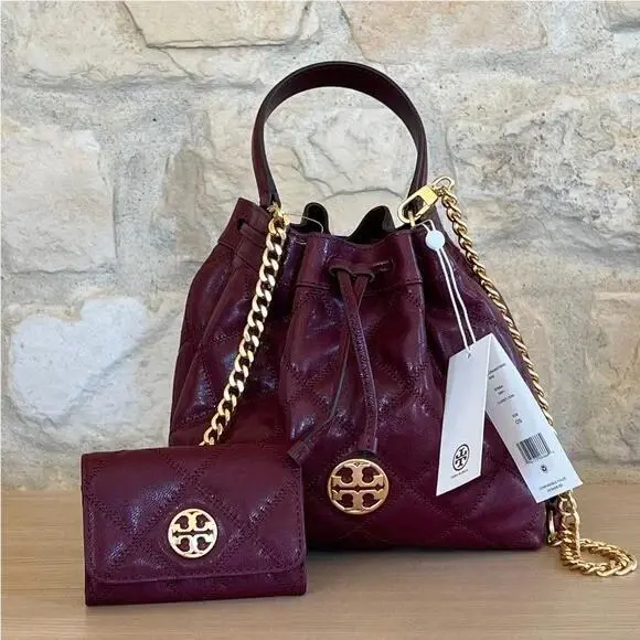 Tory Burch Quilted Claret Wine Bucket Drawstring Bag Handbag / Wallet Option