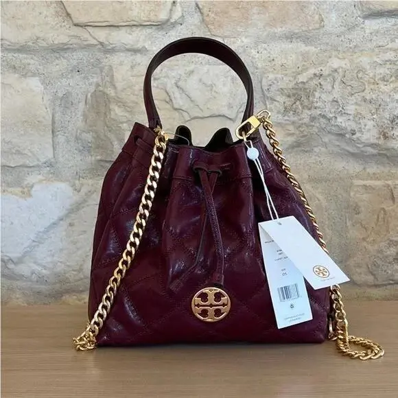 Quilted Claret Wine Bucket Drawstring Bag Handbag / Wallet Option handbag by Tory Burch