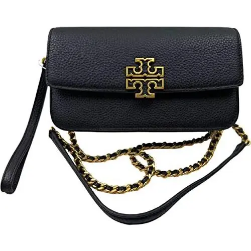 Women`s Britten Pebble Leather Chain Wallet Bag with Wristlet Black by Tory Burch