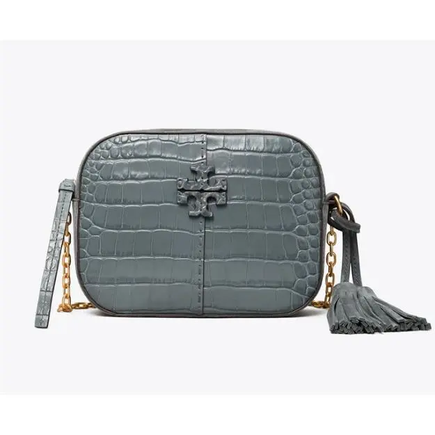 Mcgraw Camera Leather Crossbody Bag Bluestone Brie Off White Bluestone - Croc Embossed by Tory Burch