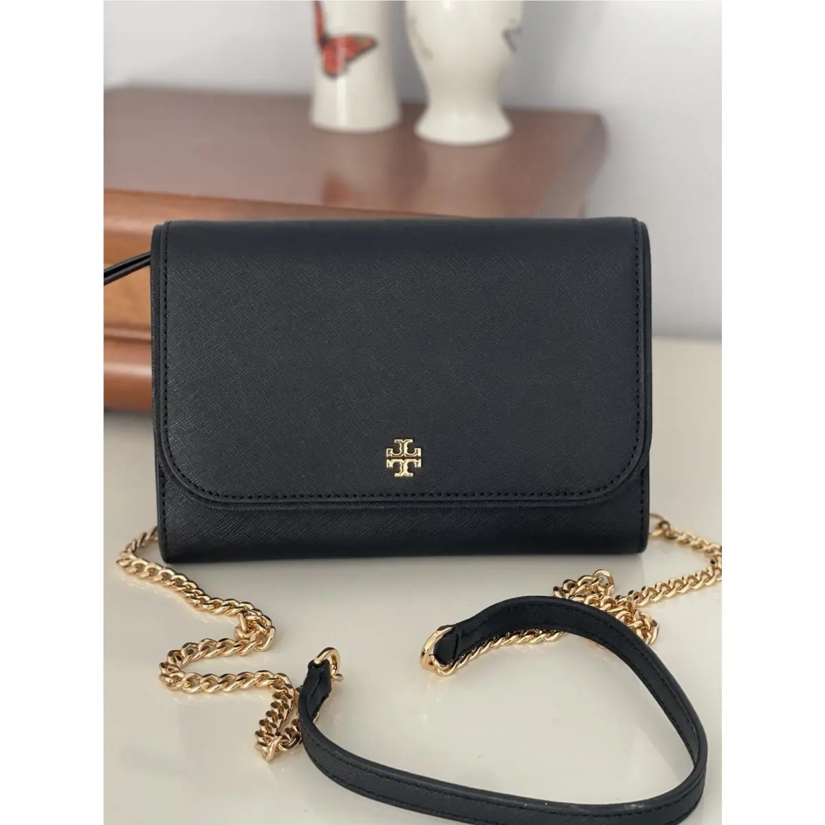 Tory Burch Black Leather Emerson Chain Wallet Small Crossbody 136093