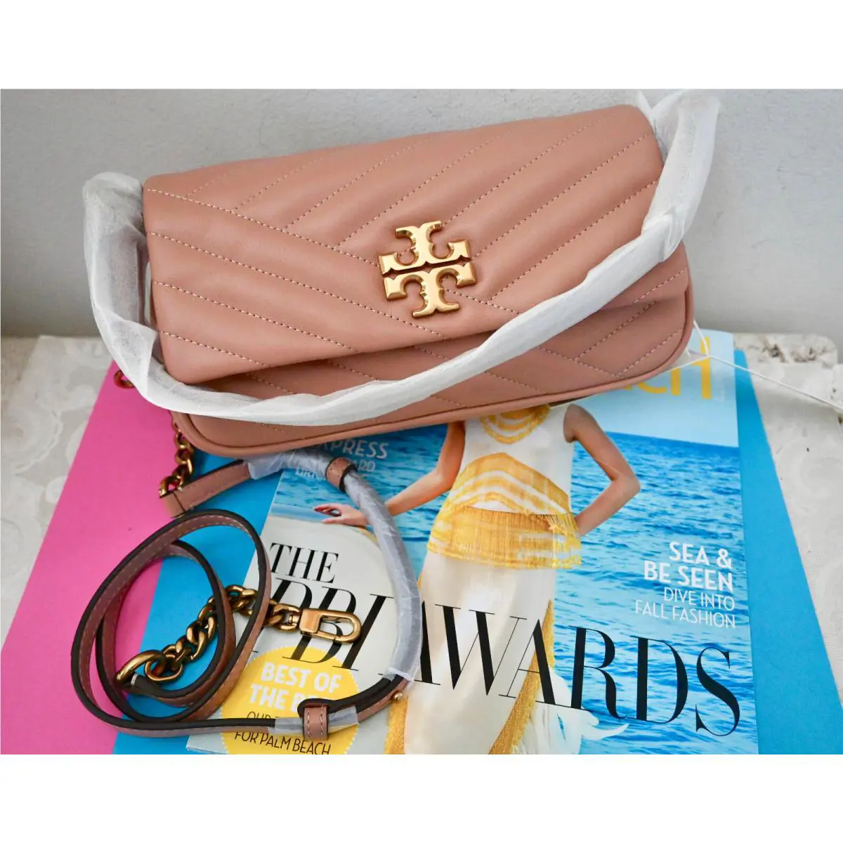 Tory Burch Kira Chevron S Shoulder Bag Leather Chain Strap Meadow Blush