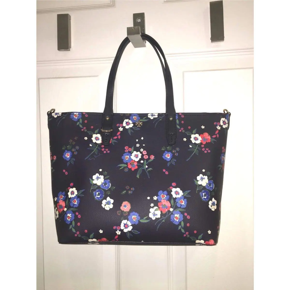 Tory Burch Kerrington Small Zip Top Tote Purse Bag Pansy Bouquet Floral Navy