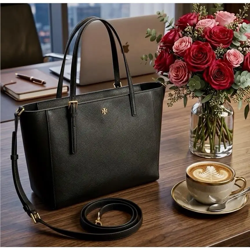 Tory Burch Emerson Small Top Zip Tote Black Saffiano Leather Crossbody Bag - Hardware: Gold, Lining: Beige, Handle/Strap: Black