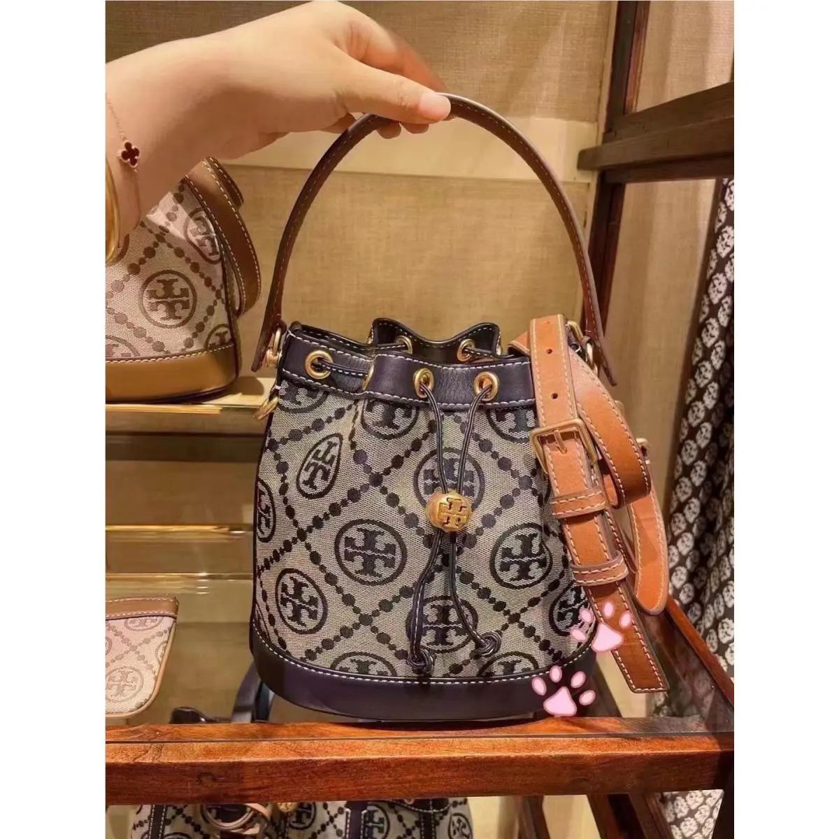 Tory Burch T Monogram Jacquard Bucket Bag - Navy Blue Medium Retail For