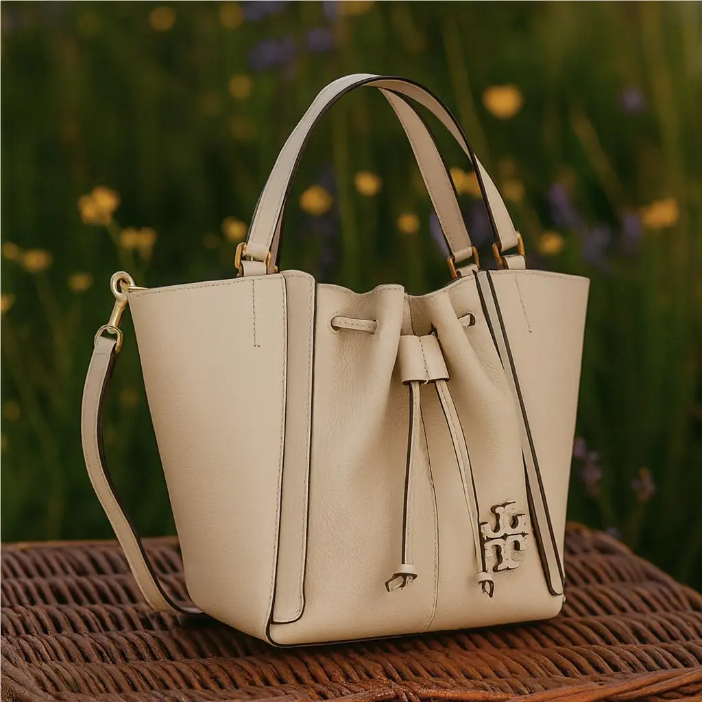 Tory Burch Mcgraw Dragonfly Brie Cream Leather Drawstring Tote/shoulder Bag