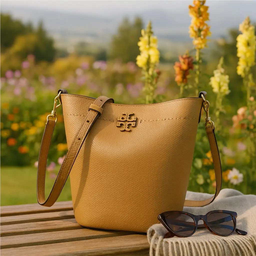 Tory Burch Mcgraw Tiramisu Tan Leather Bucket Tote/crossbody/shoulder Bag