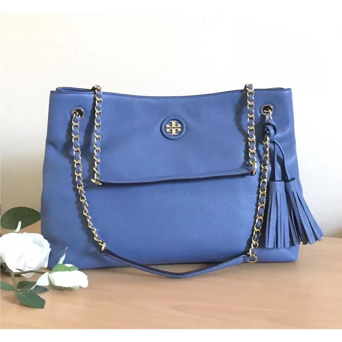 Tory Burch 48363 Whipstitch Logo Tassel Large Chain Leather Tote Wallis Blue