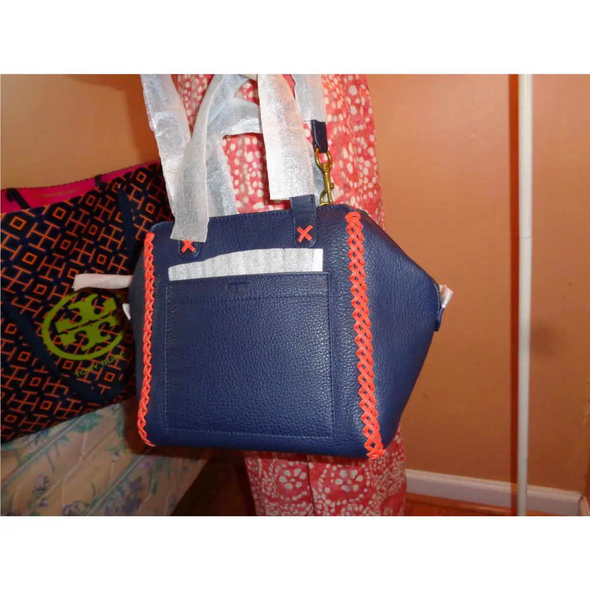 Tory Burch Whipstitch Leather Mini Satchel Dustbag Navy
