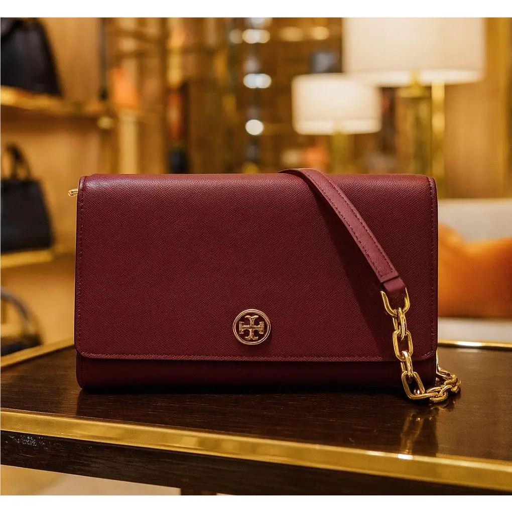 Tory Burch Robinson Red Saffiano Leather Chain Wallet/clutch/crossbody Bag