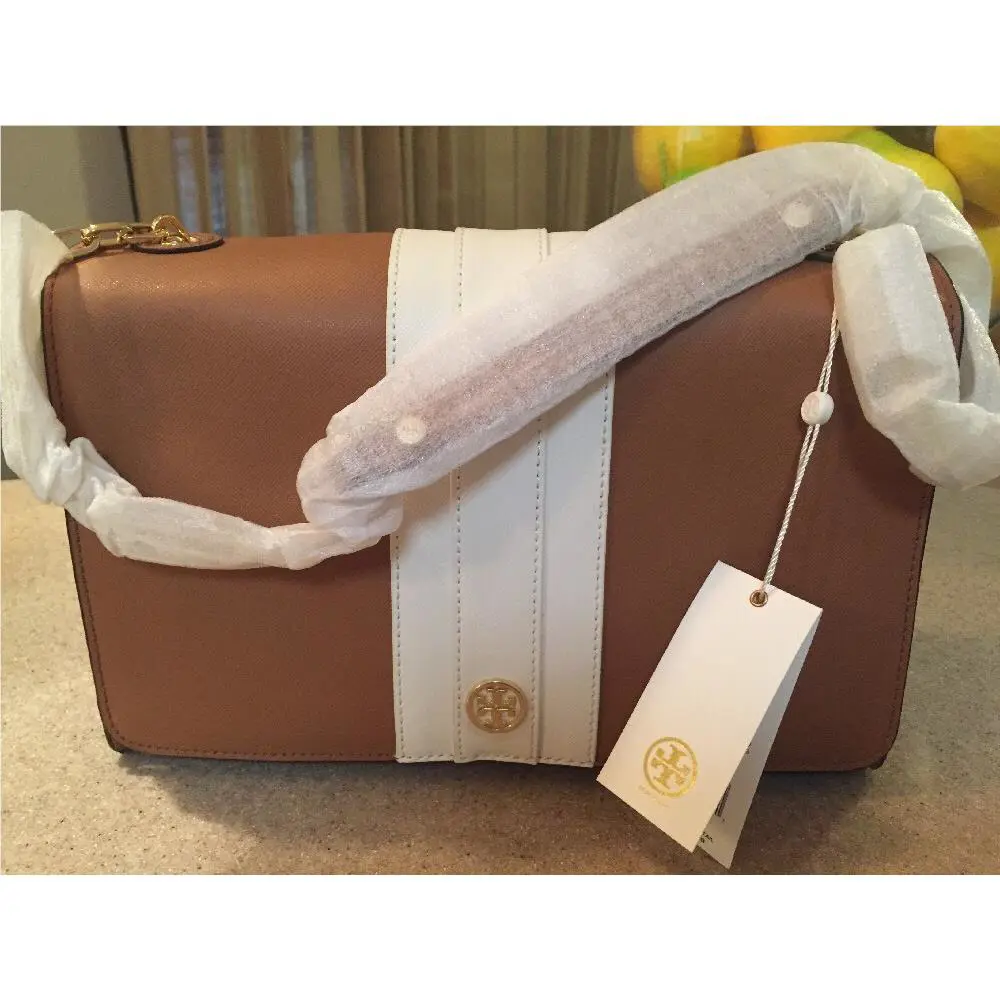 Tory Burch Robinson Striped E/w Shoulder Bag Bark White Leather Dust Bag