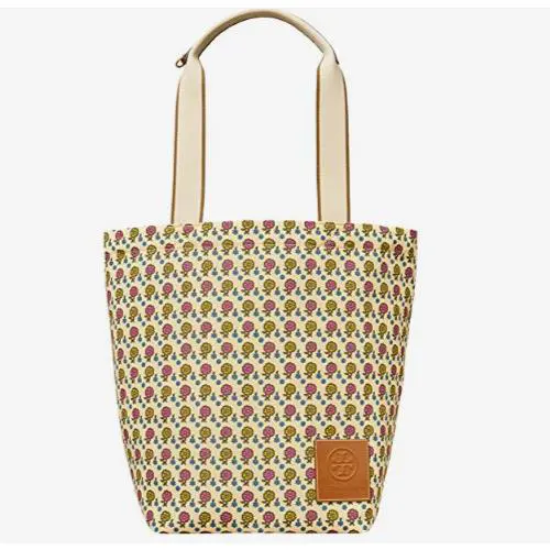 Tory Burch Ella Gracie Printed Tote LG Bag Ivory Floral Daisy Canvas Leather