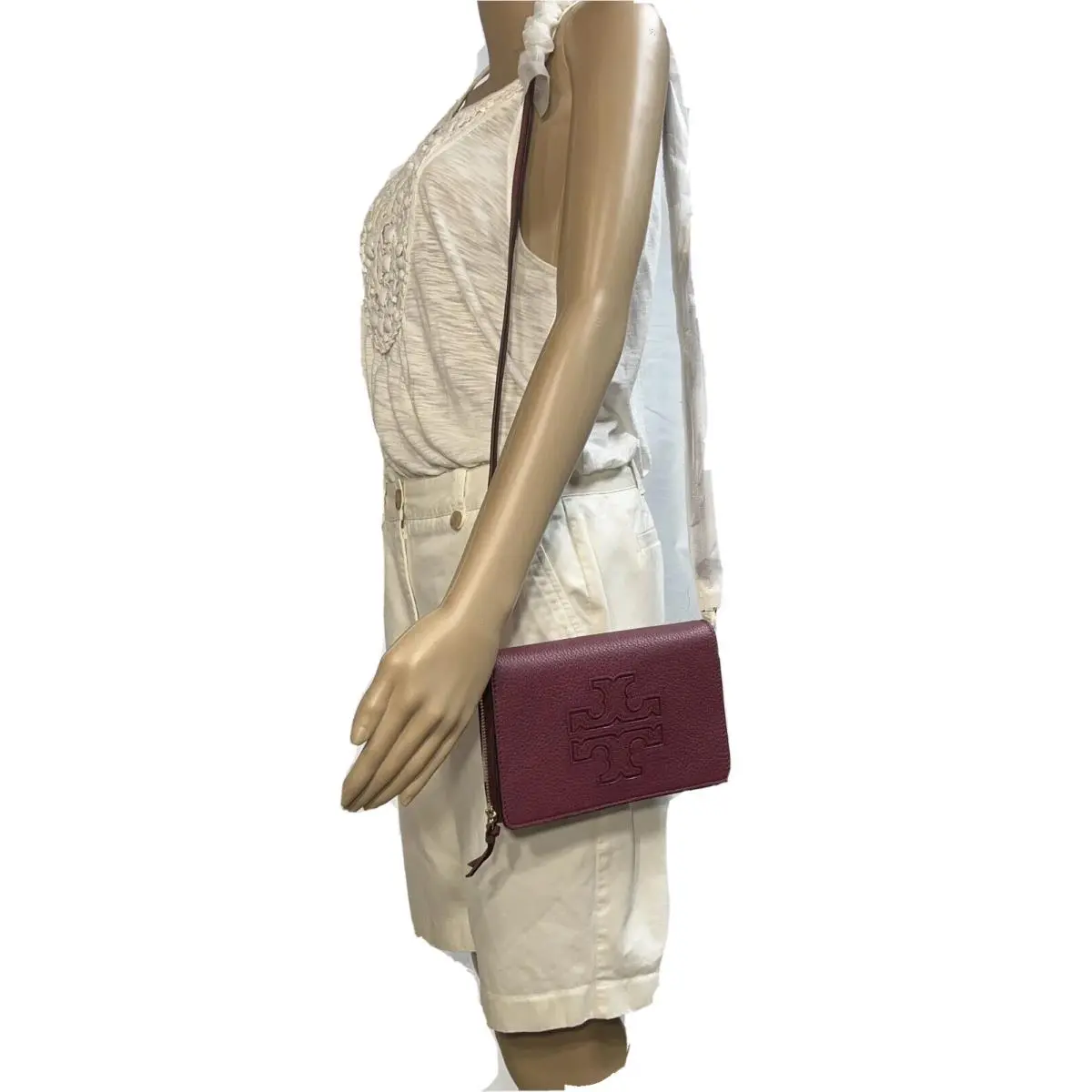 Tory Burch Harper Flap Crossbody Bag Zip Around Pebbled Leather Merlot+box