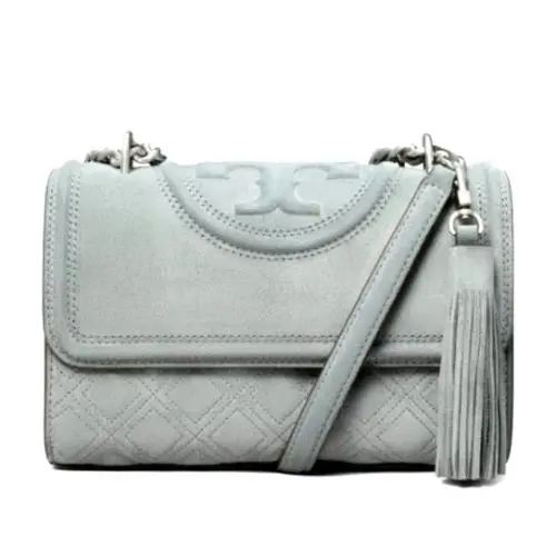 Tory Burch Fleming Suede Small Convertible Shoulder Bag Tassel Blue Clay Silver