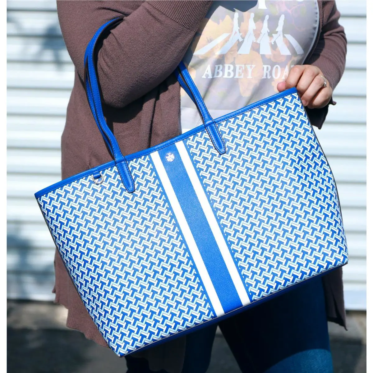 Tory Burch T Tilt Allover Tzag Large Blue Coated Canvas Tote Midnight