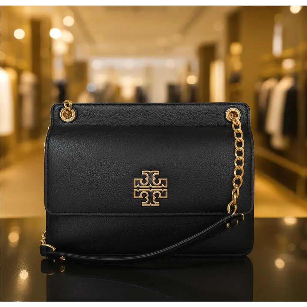 Tory Burch Britten Black Pebbled Leather Flap Shoulder Bag/crossbody Bag