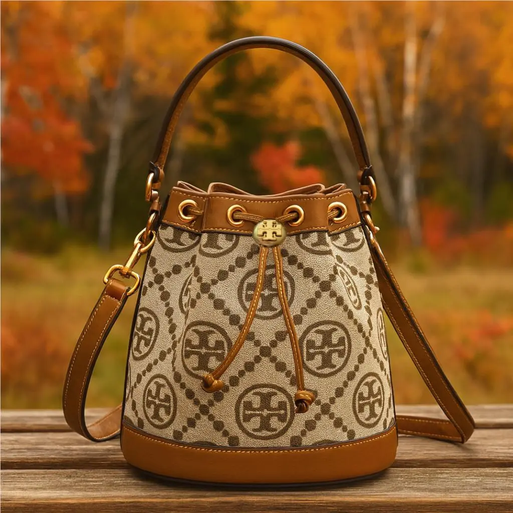 Tory Burch T Monogram Hazelnut Jacquard Drawstring Crossbody/bucket Bag