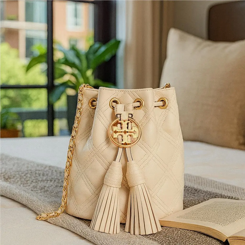 Tory Burch Soft Fleming Cream Leather Mini Bucket/crossbody Bag/shoulder Bag