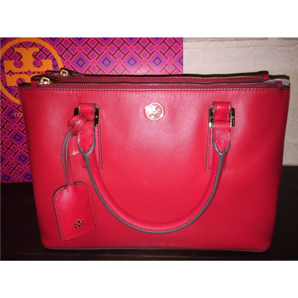 Tory Burch Robinson Mini Double Zip Saffiano Tote-kir Royale Red Nwt-mint