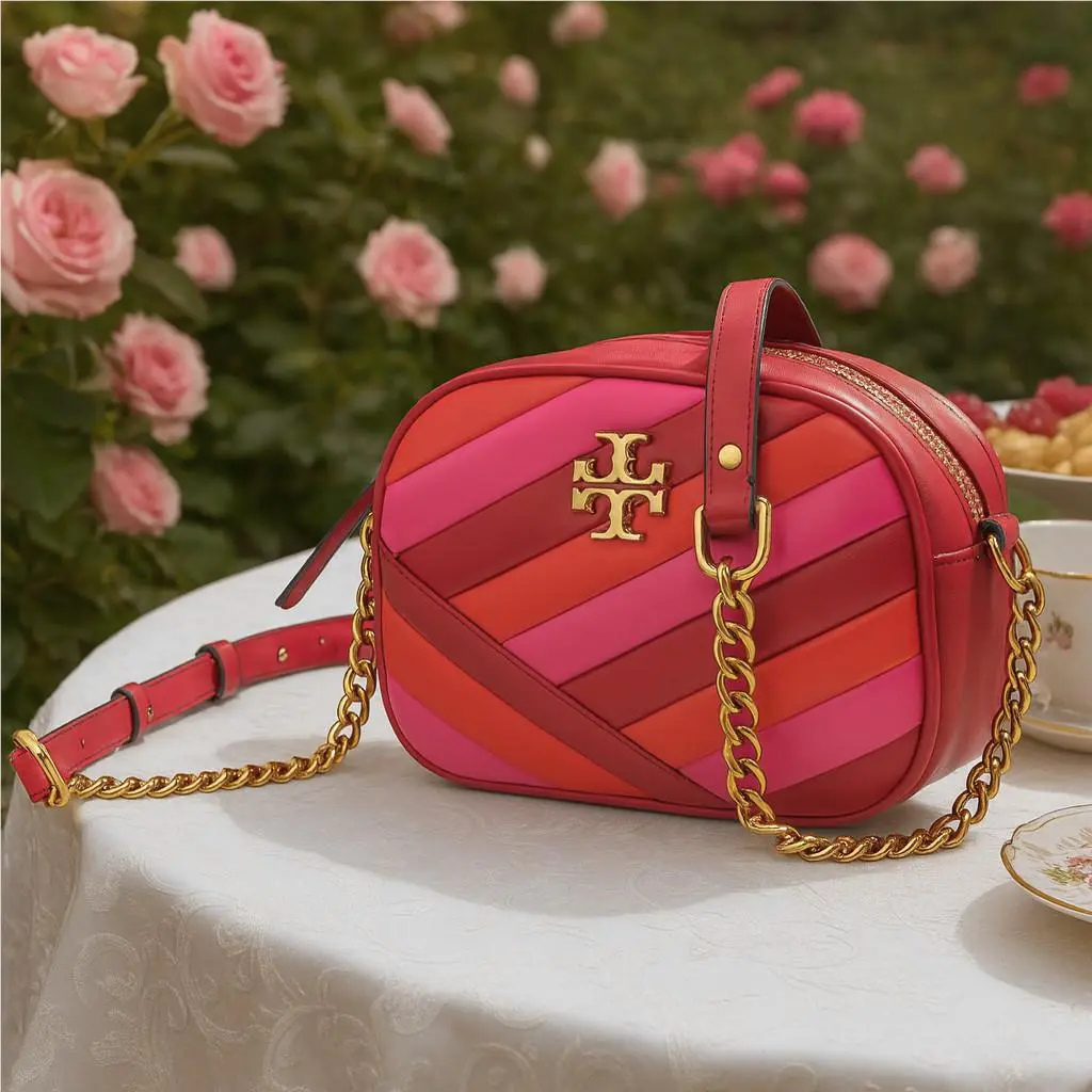 Tory Burch Kira Chevron Red Pink Quilted Leather Small Crossbody/camera Bag