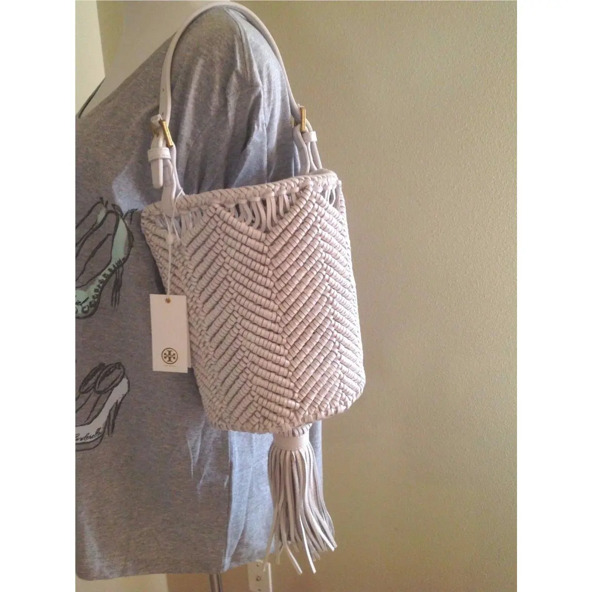 Tory Burch Macrame White Woven Leather Bucket Tote Bag Hand Woven
