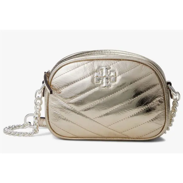 Tory Burch Kira Chevron Metallic Small Camera Shoulder Bag Gold Leather Silver