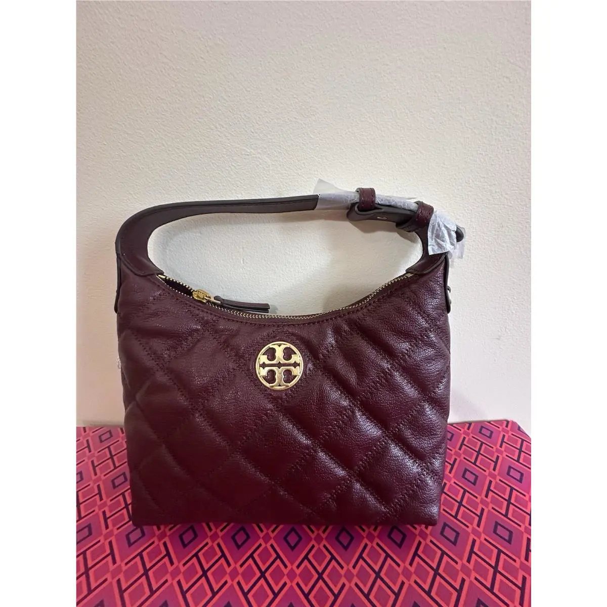 Tory Burch 83694 Quilted Leather Padded Willa Mini Hobo Crossbody in Claret