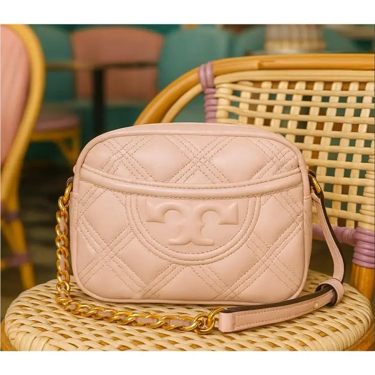 Tory Burch Soft Fleming Shell Pink Quilted Small Camera Crossbody Bag